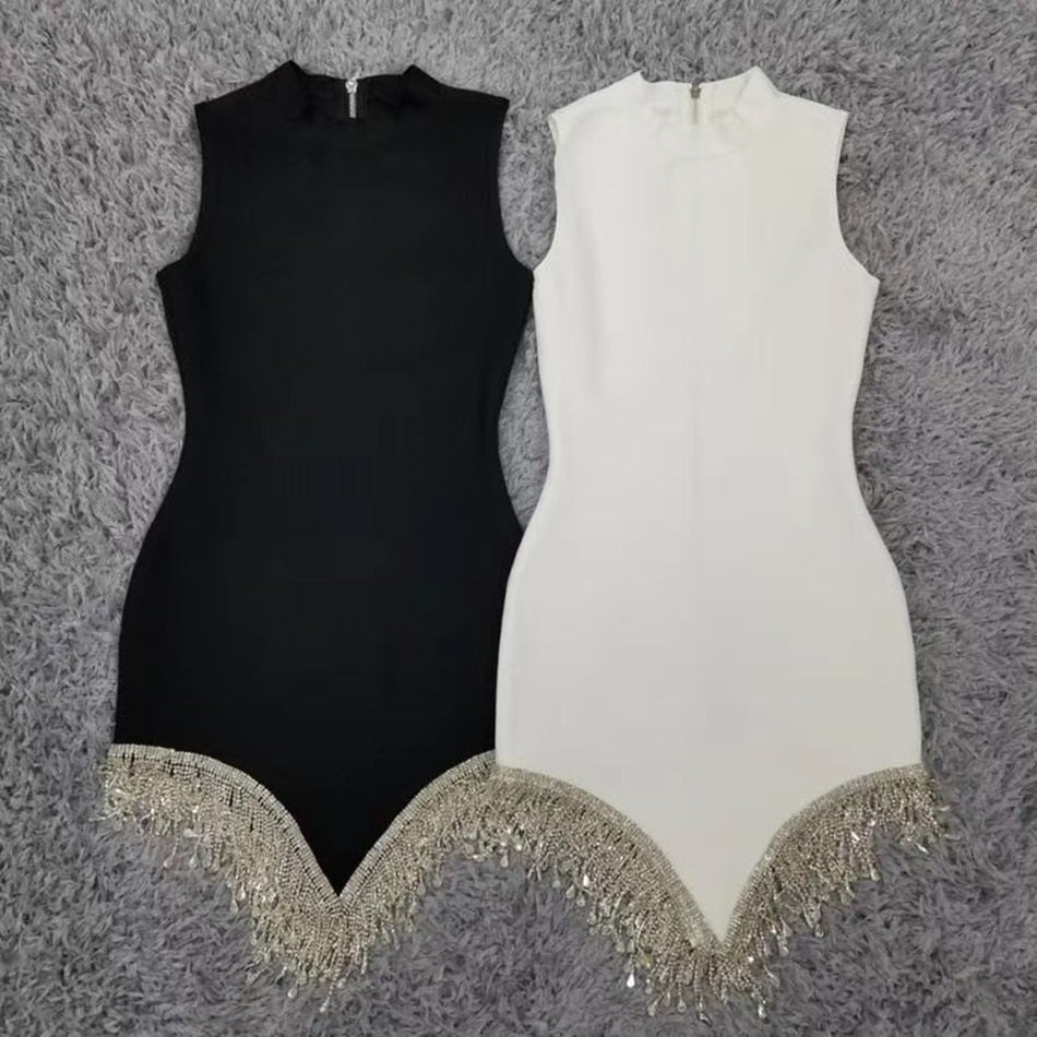 Party Dresses For Women Outfits Winter New Women'S Sleeveless O-Neck Diamond Tassel Bandage Dresses Bodycon Elegant Sexy Evening Mini Dress