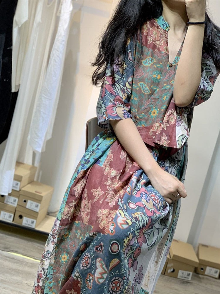 Oversized Fake Two Piece Set Summer Floral Long Dress Women Plaid Cotton Linen Loose Ladies Dresses Casual Dress Woman 2023