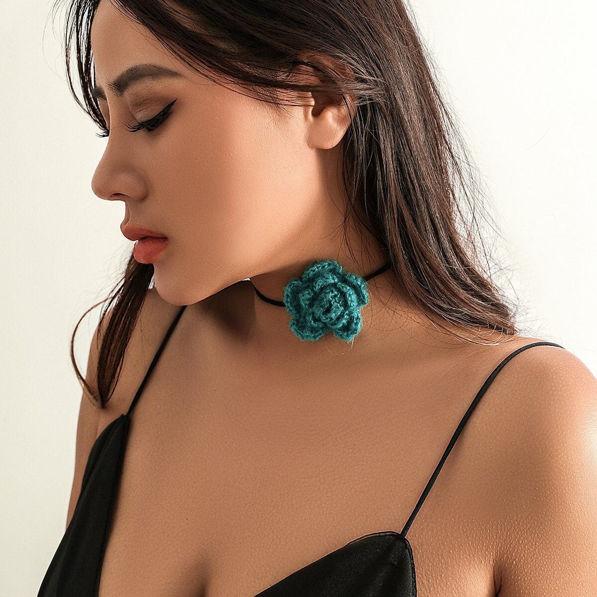 Handmade Crochet Rose Flower Velvet String Collar Choker