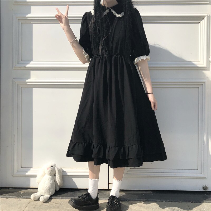 Oversize Dress Women Lace Cute Summer Simple Solid Leisure Korean Style Sweet Ladies Fashion  All-match Preppy Comfortable Loose