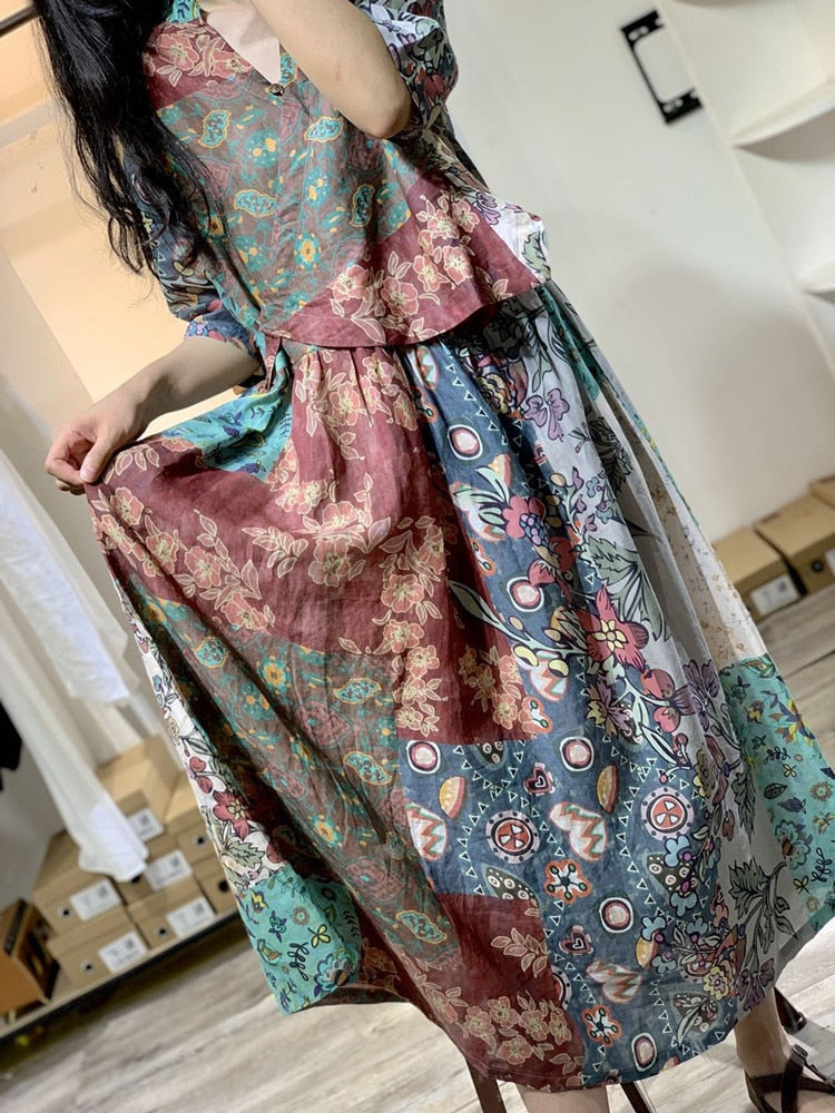 Oversized Fake Two Piece Set Summer Floral Long Dress Women Plaid Cotton Linen Loose Ladies Dresses Casual Dress Woman 2023