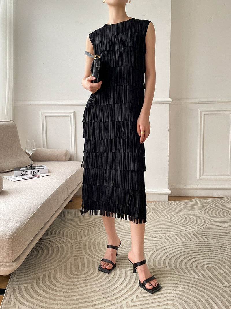 Pleated Dress Women's Summer Classic Graceful and Fashionable Solid Color Sleeveless Slimming Slim Dress