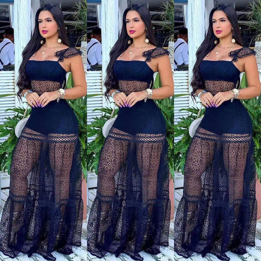 Perl Sexy Mesh Stitching Sling Zipper Dress See Through Lace Skirt Transparent Women's Clothing Charming Chic Outfit for Ladies