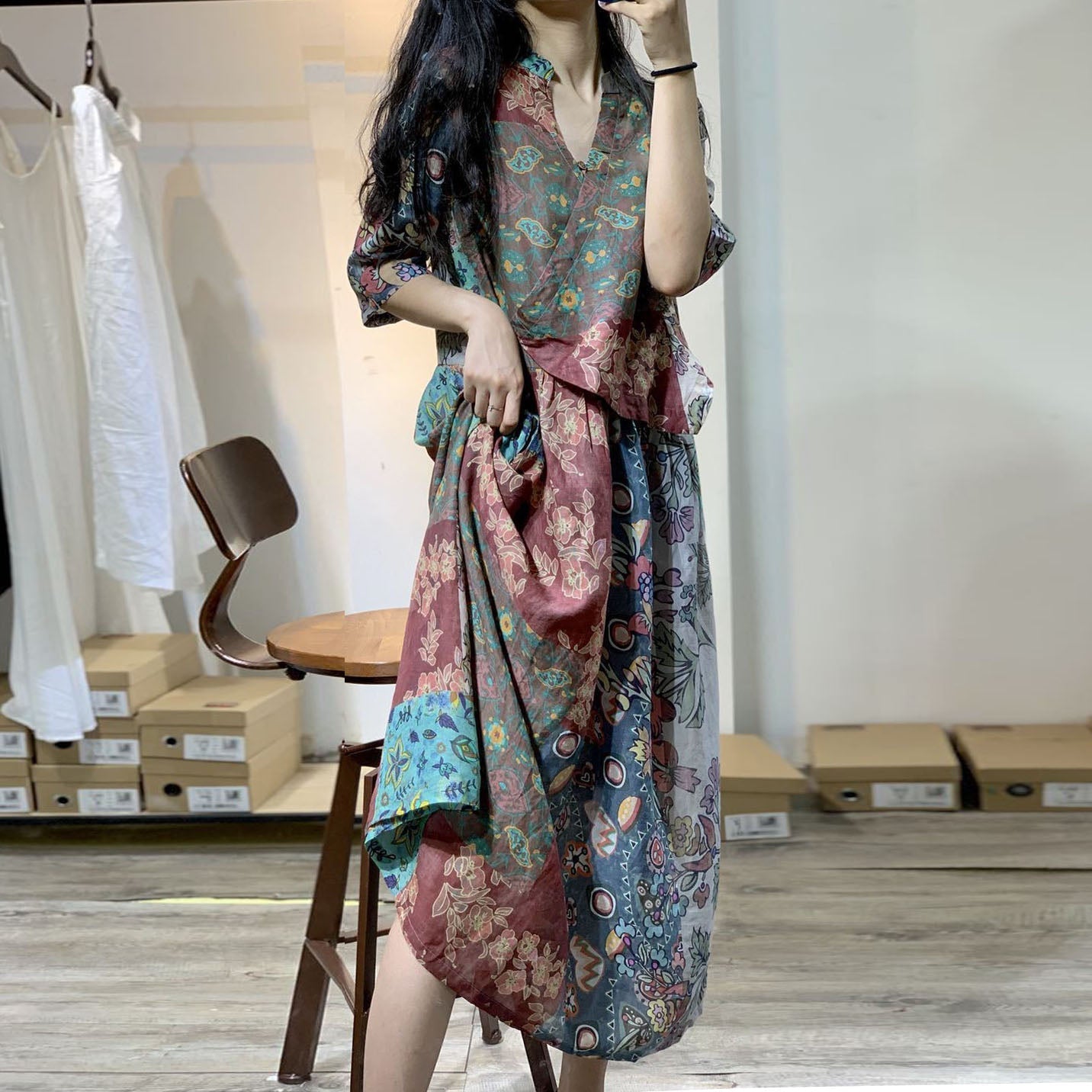 Oversized Fake Two Piece Set Summer Floral Long Dress Women Plaid Cotton Linen Loose Ladies Dresses Casual Dress Woman 2023