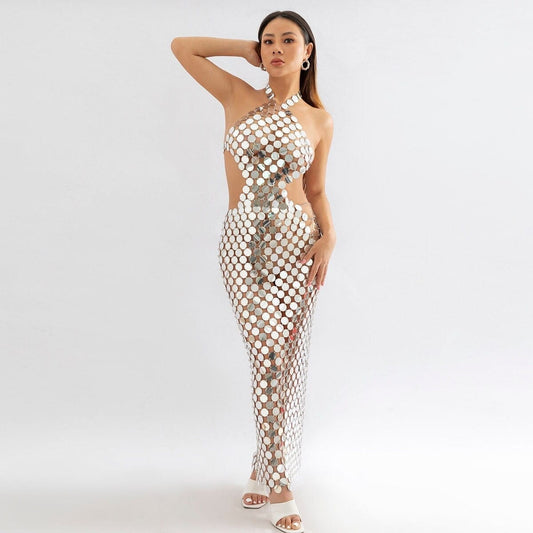 Handmade Gold Silver Rose Red Glitter Strappy Mirror Sequin Dress